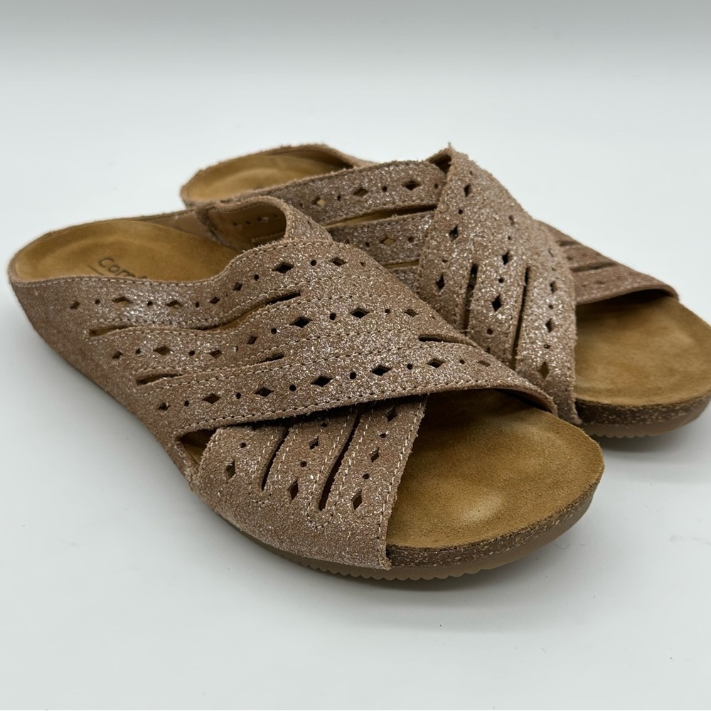 Comfortiva Tan Suede Criss Cross Women's Slide Sandals